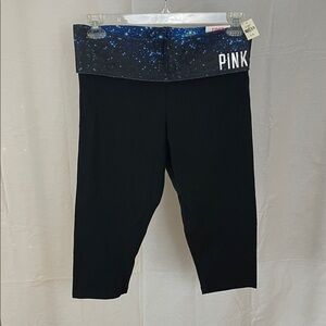 PINK Victoria's Secret Cropped Leggings with Black + Blue Design Size Large NWT